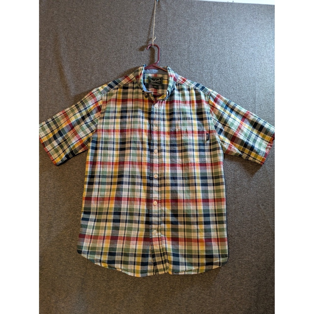 Woolrich Shirt Mens Short Sleeve Button Up Size M Cotton Colorful Plaid Comfy